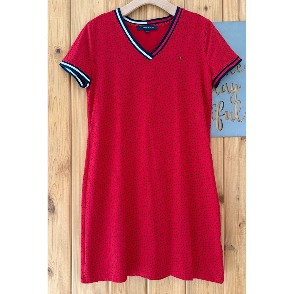 Tommy Hilfiger Polka Dot Short Sleeve Polo Dress in Red Size Medium